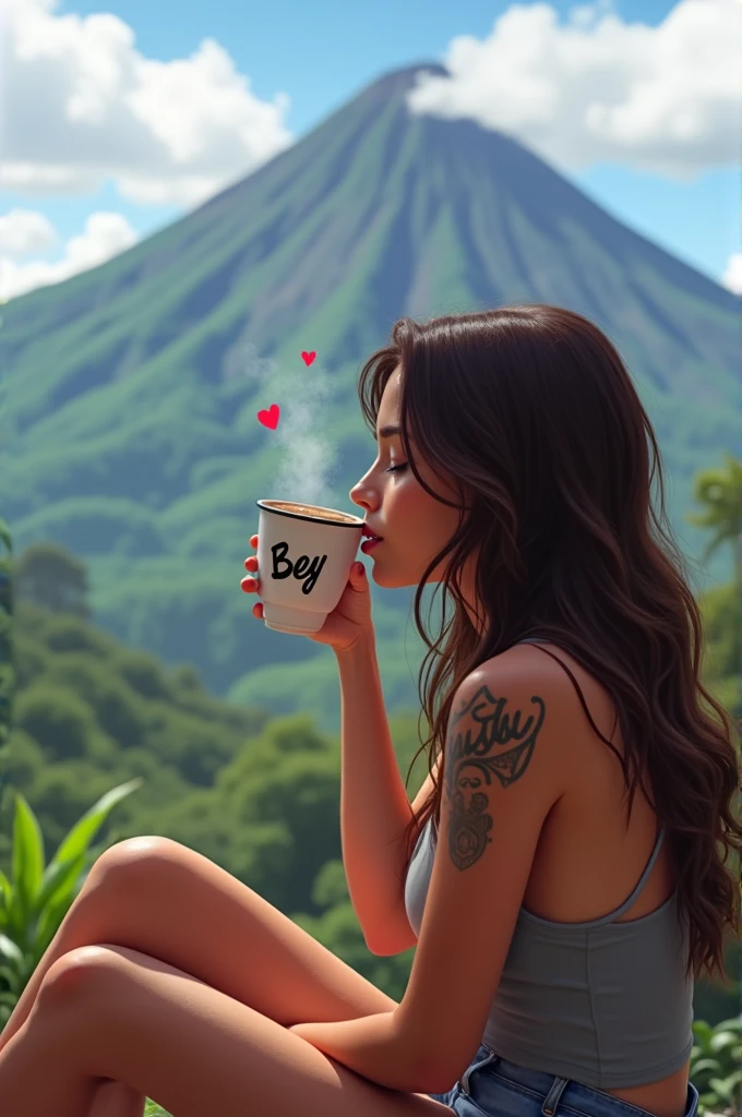 A brunette girl drinking a cup of coffee sitting in front of the Arenal Volcano in Costa Rica She has a tattoo that says Joscelyn and the coffee cup has the name Bey written on it and a heart emoji next to it