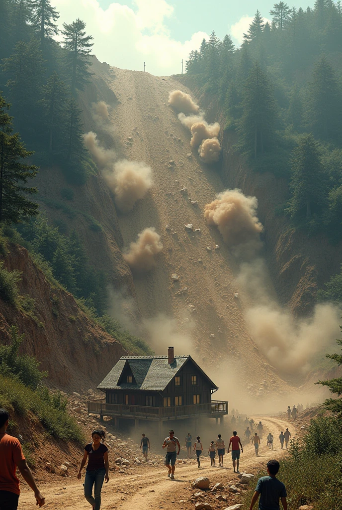 landslide on the hill , destroyed house at the bottom of the hill , the people ran away