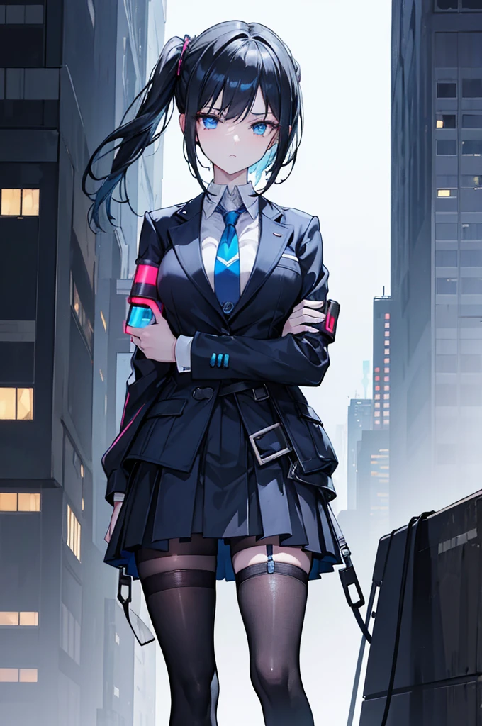 Face_through_torso, 1girl, short_twintails(black_hair,Cyberpunk design hair tie), blue eyes(half closed_eyes), expression_face, A young noble, exuding elegance and authority, dressed in a black jacket over a crisp white shirt, paired with a short blue tie that reflects a subtle cyberpunk influence. She wears a dark blue skirt that reaches above her knees, complemented by black thigh-high stockings. Hovering beside her is a high-tech combat drone, emphasizing her connection to advanced technology and adding a layer of protection to her refined presence.