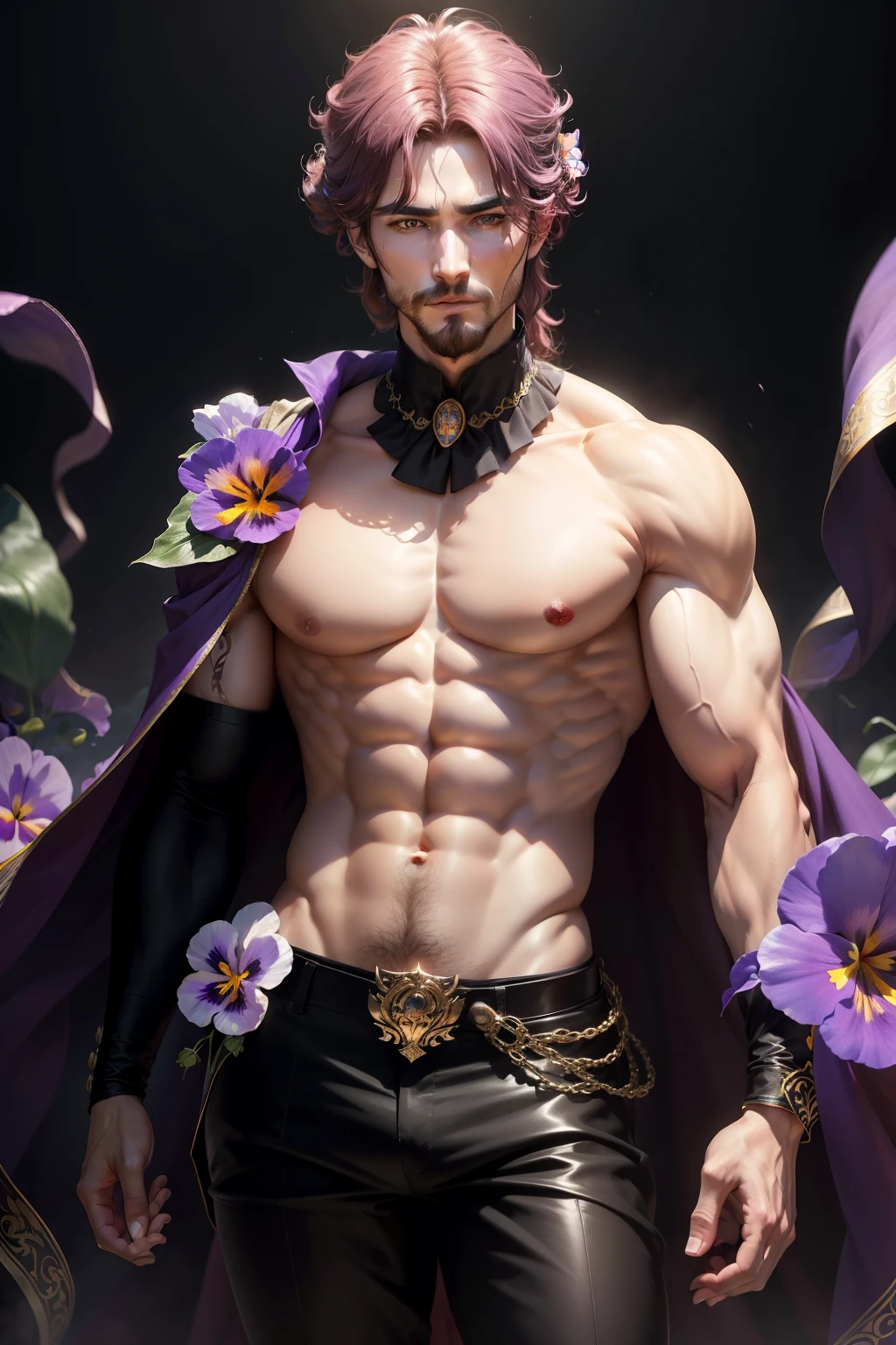 (8k,photorrealistic　RAW photograph　Maximum quality;1.4) (1 Korean) Super handsome king of the underworld　(lifelike face) 　(hair with pansy flower,  medium hair in the wind)　slenderbody　Muscular and macho　big pink eyes　Aristocratic metallic outfit with pansy flower　Pansy flower decoration in the wind　Fangs peeking out of the mouth　Pointed claws　a seductive gaze　Beautiful expression　A hyper-realistic　(King of the Underworld)　appealing　(real looking skin)　super high resolution　high détail　Luxurious pants with pansy flowers 　Aura of pansy flowers emanating from the body　effect　pansy flower transparent cover 