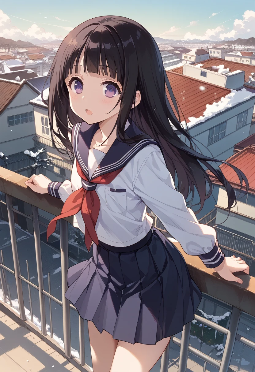 Chitanda Eru / Chitanda El (black hair, dark violet eyes, pale skin) is wearing a school uniform, BREAK, standing on top of the school roof, a metal railing, BREAK, background, a dramatic view of a small city in northern Japan in the winter.
