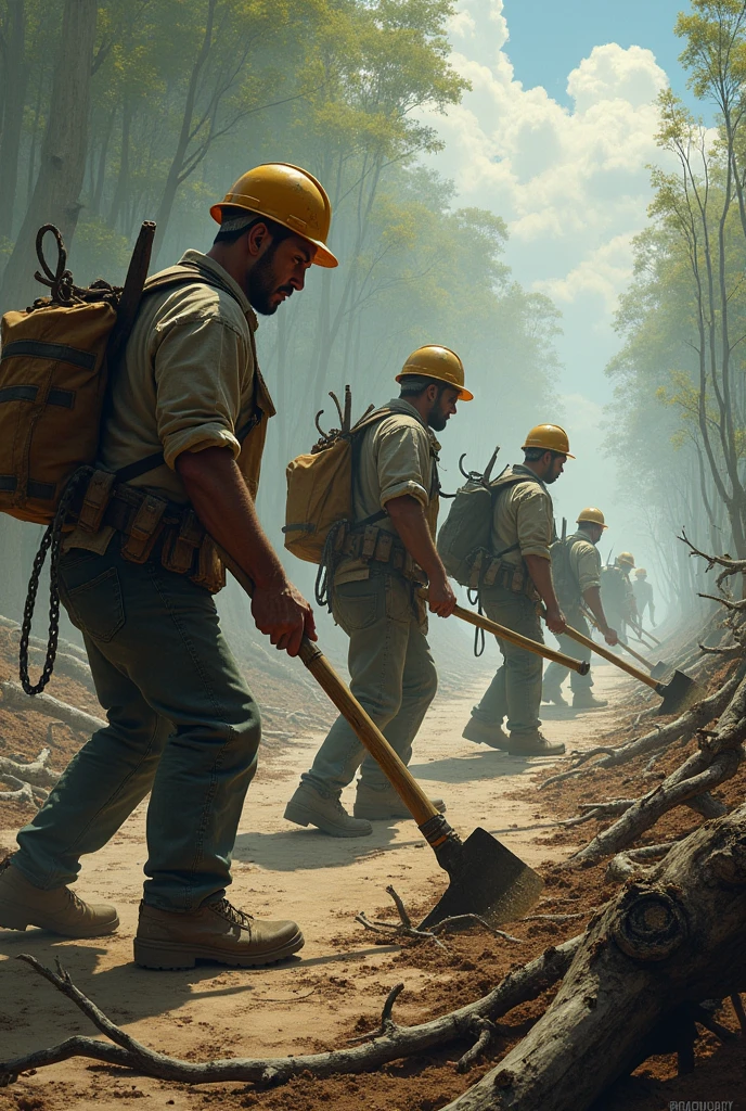 Drought, dry land, logging, construction workers holding axes and cutting trees,
