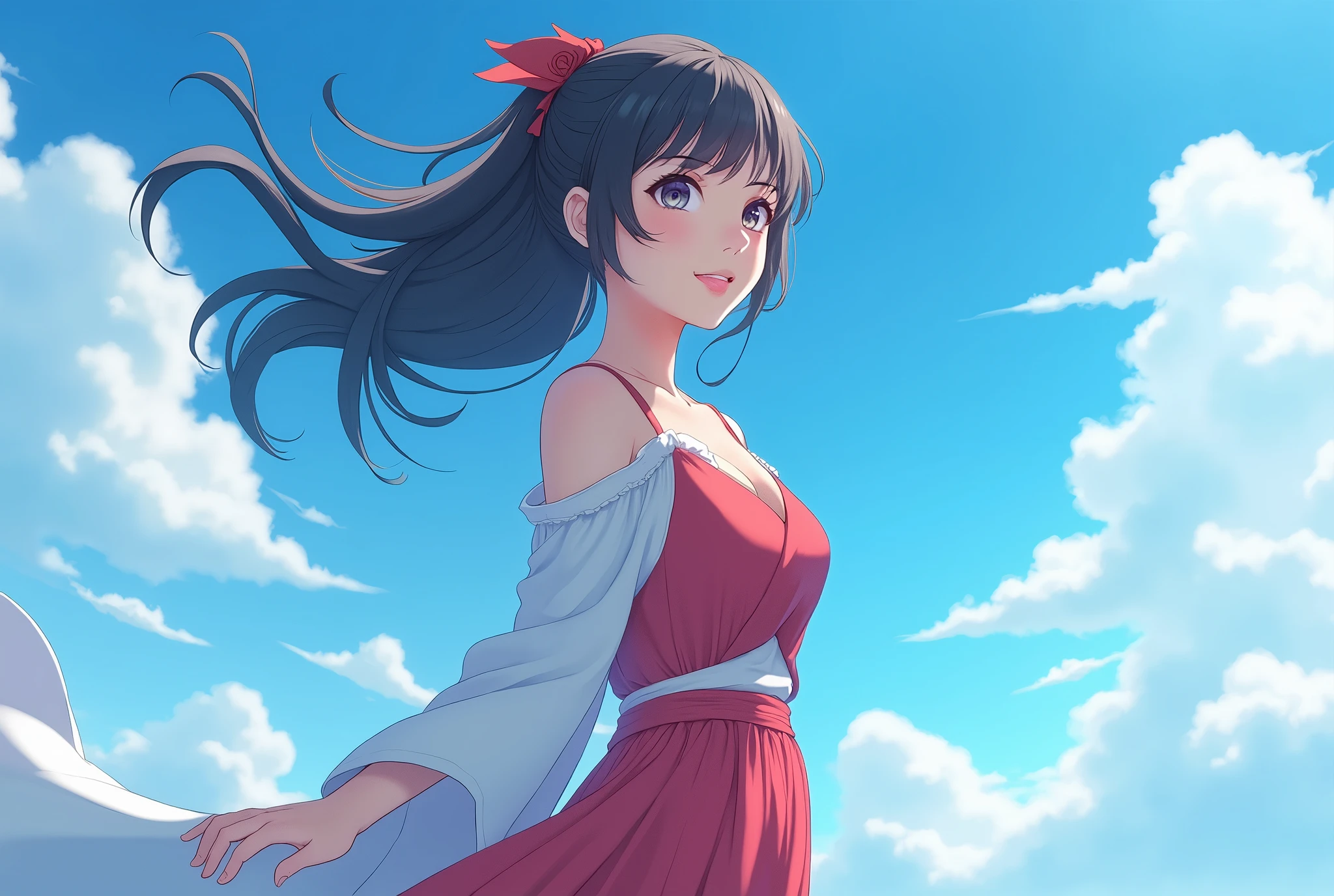 (Cinematic Digital Artwork: 1.3), High Quality, Masterpiece, Top Quality, Super Detail, Illustration, [4K Digital Art]!!、 Kyoto Animation Style, One Woman, Clavicle Beauty, Clavicle, Light, Hope, Blue Sky, Positive, Challenge, Motivation, Brilliance, Dynamic Perspective