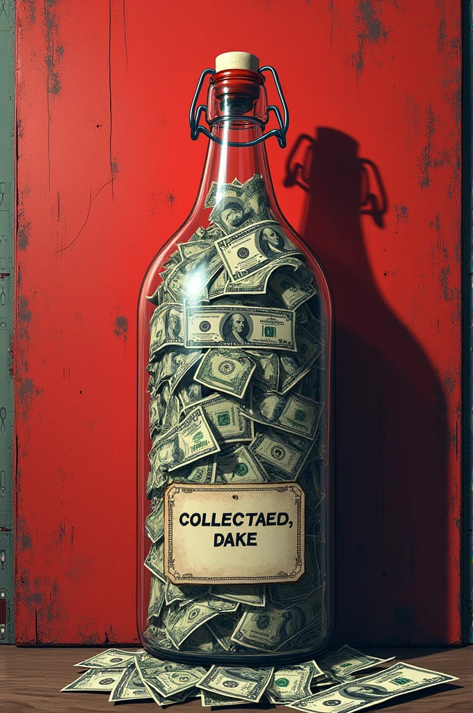 Create an image of a bottle full of money and on one side of the art say a big collection to pay for the expulsion of Lic Dennis, Today for Dennis, tomorrow for you