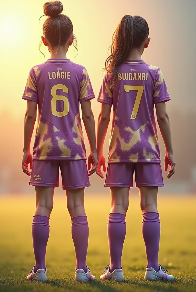 Girls and boys soccer sports uniform in light beige that combines with gold and purple that is printed and that has a name and number on the back of the shirt