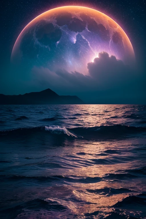A surreal, mystical ocean scene under a mesmerizing night sky. The calm sea reflects the heavens, creating a mirror-like surface where the boundary between water and sky seems to blur. The night sky is adorned with an array of vibrant, swirling colors—deep purples, shimmering blues, and iridescent pinks—resembling a cosmic aurora. Countless stars twinkle brightly, and a colossal, glowing moon casts a soft, enchanting light over the water. Ethereal, glowing jellyfish drift near the surface, their light blending with the reflection of the stars, creating a dreamlike atmosphere. On the horizon, distant, shadowy islands rise, shrouded in a mystical mist, adding to the otherworldly beauty of the scene.

