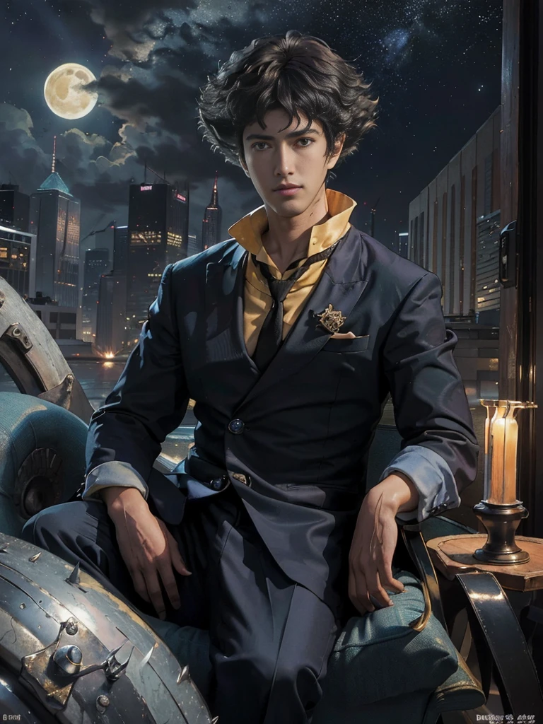 (masterpiece、top-quality、top-quality、Detailed and complex、official art、aesthetically pleasing:1.3)、(Spike spiegel) (realistic art:1.3) Black hair、blue suit, yellow shirt with tie. Moon and stars background