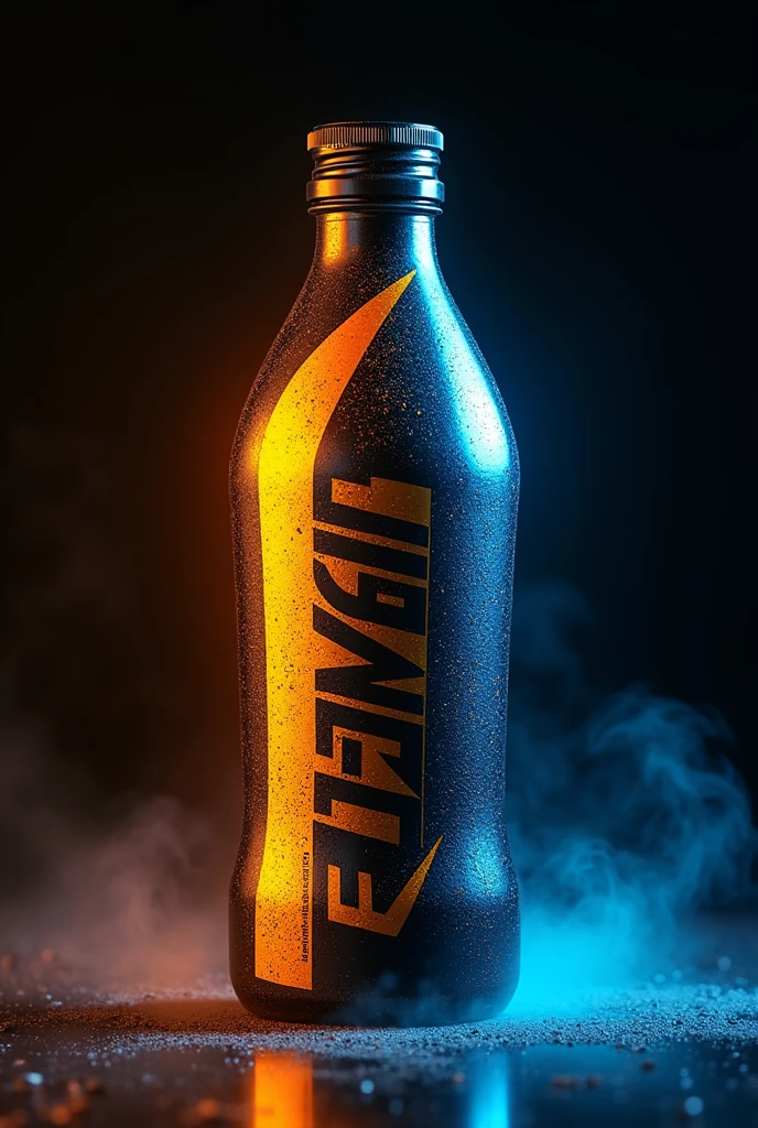 create an energy drink bottle that contains the colors gold orange blue and black