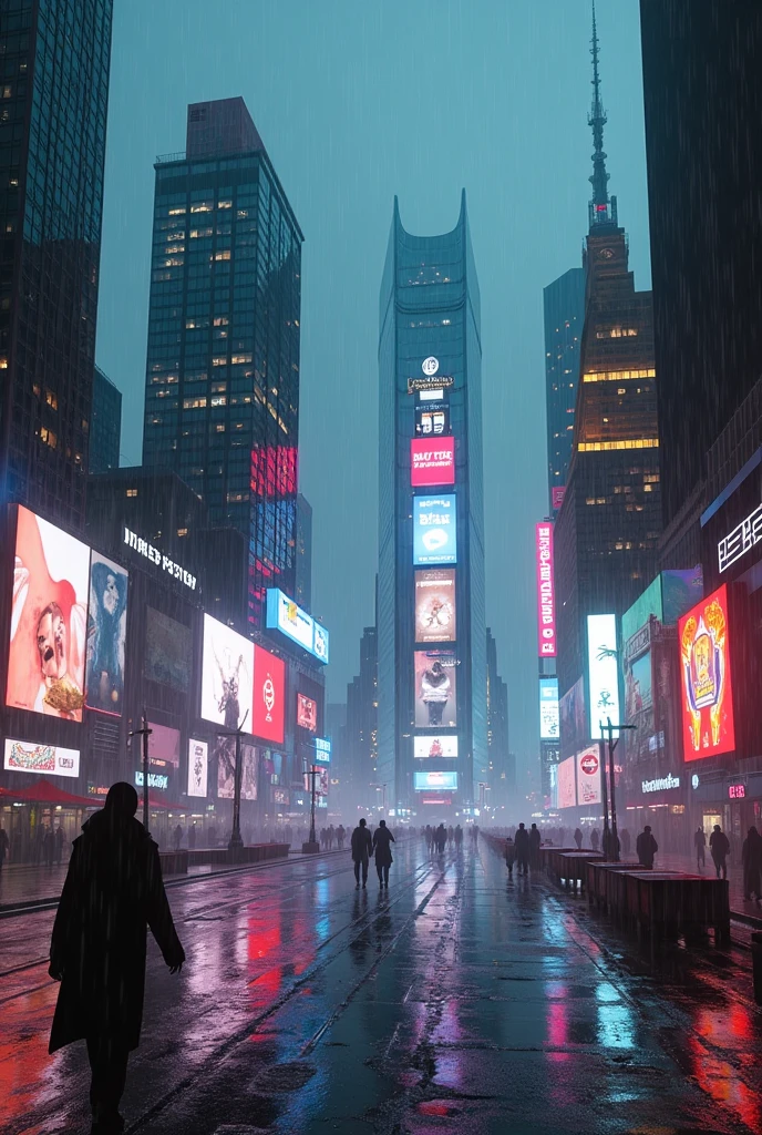 Photographic grade,Movie quality,Game CG wallpaper,Cyber Times Square in New York City in the rain,Deserted streets,No text appears