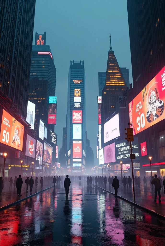 Photographic grade,Movie quality,Game CG wallpaper,Cyber Times Square in New York City in the rain,Deserted streets,No text appears