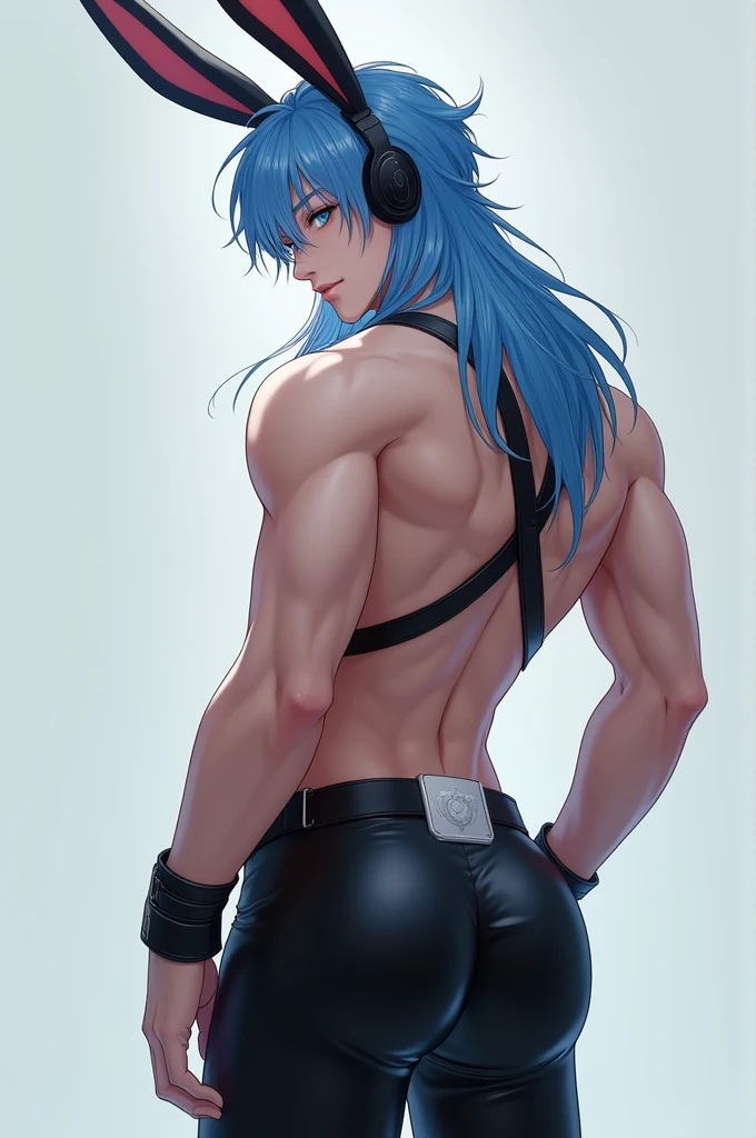 score_9, score_8_up, score_7_up, source_manhwa, best quality, clean face, Lee Ho-seok, man, blue hair with white streaks, blue eyes, long hair, big pecs, perfect body, looking at the viewer, pleasurable expression, tight sexy bunny outfit, black latex clothes, in the show dick, in standing, acoustic angle, from behind, big ass, low angle, kpop headset