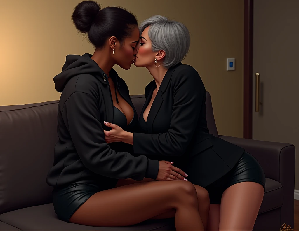 black woman hair in a bun black hoodie black leather short shorts setting on the couch with a old woman grey hair and in a dress suit making love to her and holding her butt cheeks