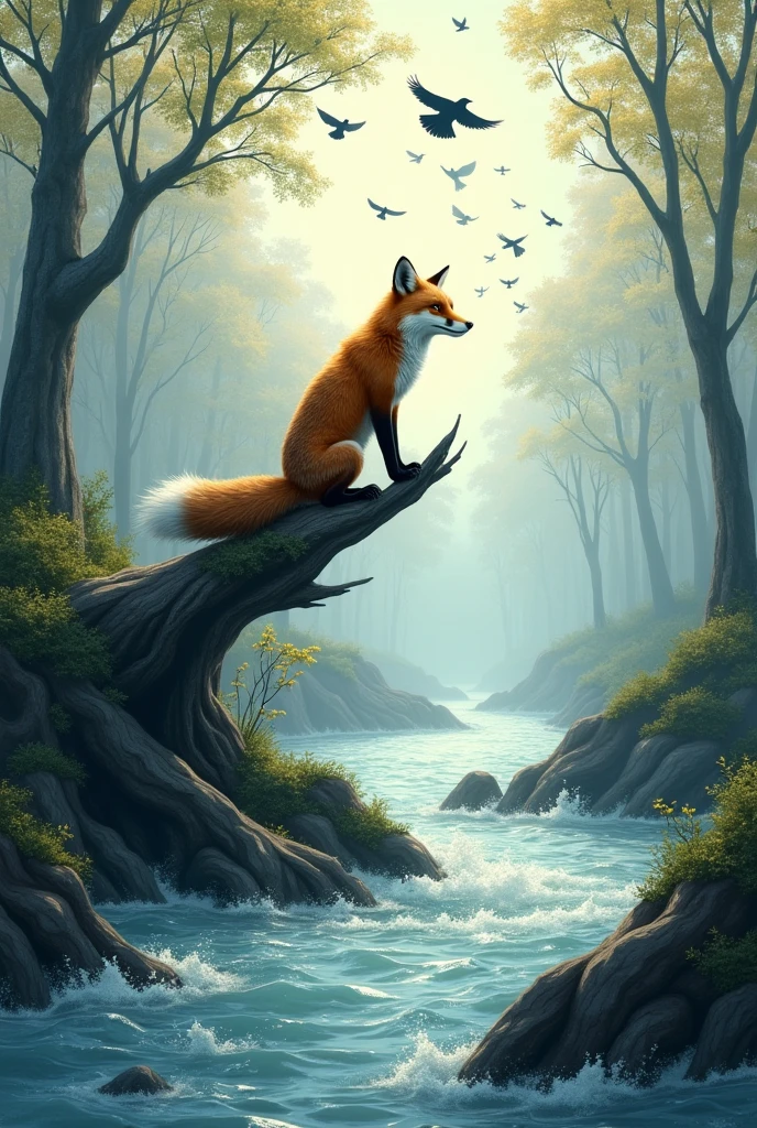 Water is flowing over flood trees, crows are flying in the sky. A fox is sitting on a tree and watching it.