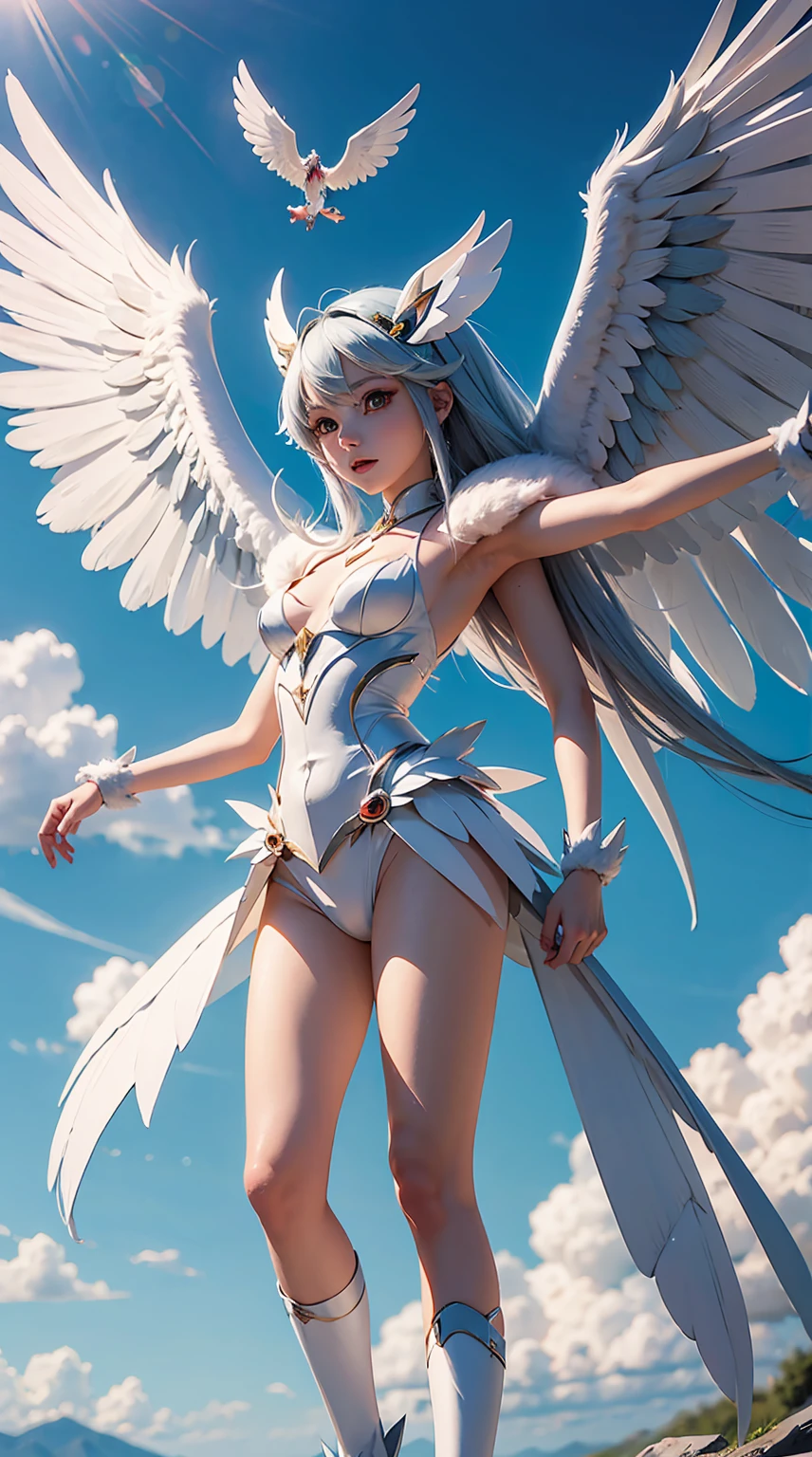 angel girl, big wings, small body, full body, white skin, white hair, blue eye, nude, full nude