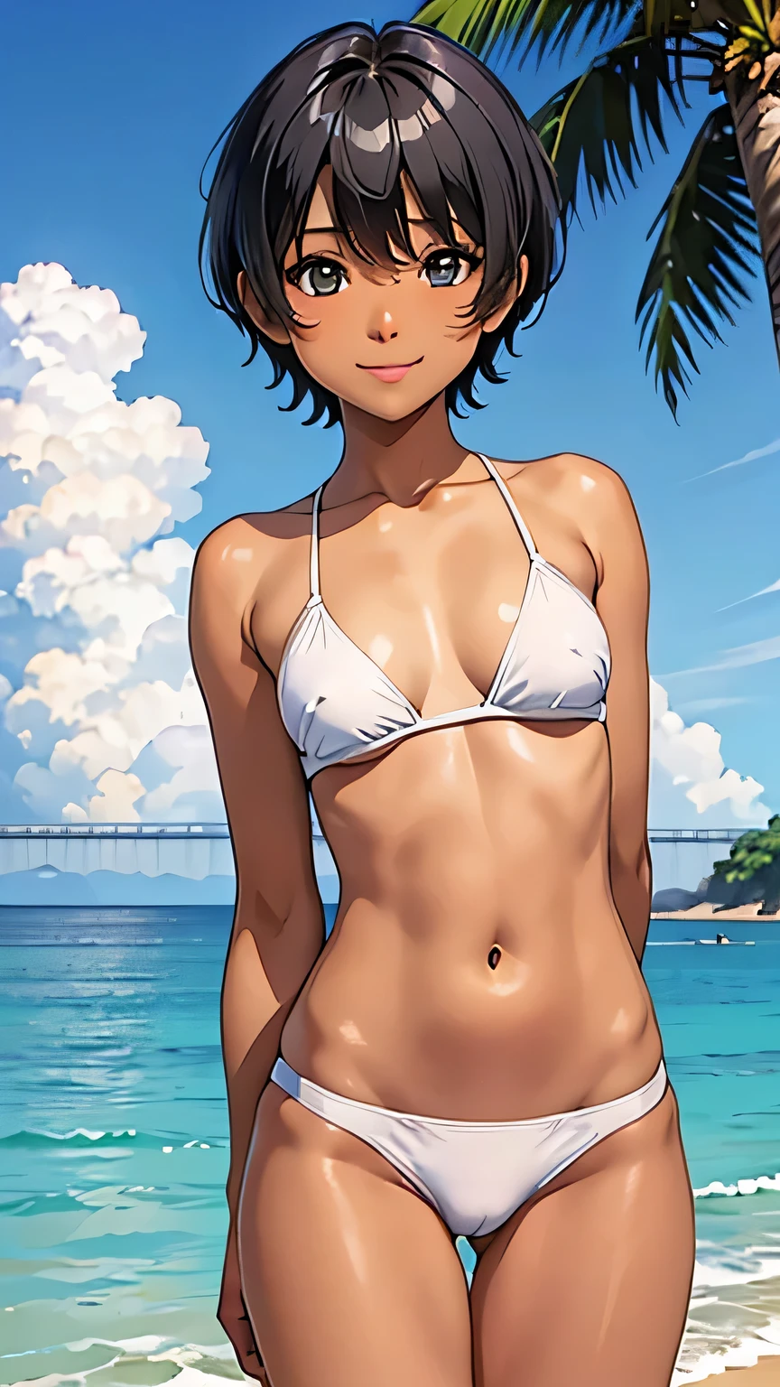 Highest quality、Realistic、、zoom、、、man、low length、cute、Light grey eyes、Black Hair、short hair、Tanned brown skin、Dark Skin、Upper body naked、Light blue bikini pants、smile、Ocean