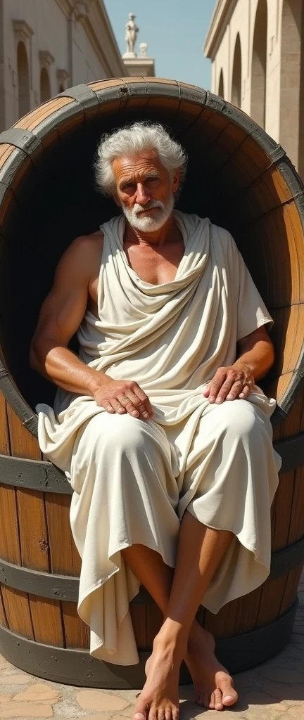  Front view , Full-body,  looking at viewer, maybe  BC 4 century  ,sole,  philosopher, Greek man, in big wooden barrel ,  lying barrel ,  in an ancient Greek city, 70 years-old, handsome,( wave perm , white  hair , Serious, ), normal body,  ((An ancient Greek traditional rag cloths, White crock)), noon　,(Textured skin , HI Detail Skin, (Shorthand, Canon, 8k, Anatomically correct, Super Detail, Attention to detail, Your Highness)