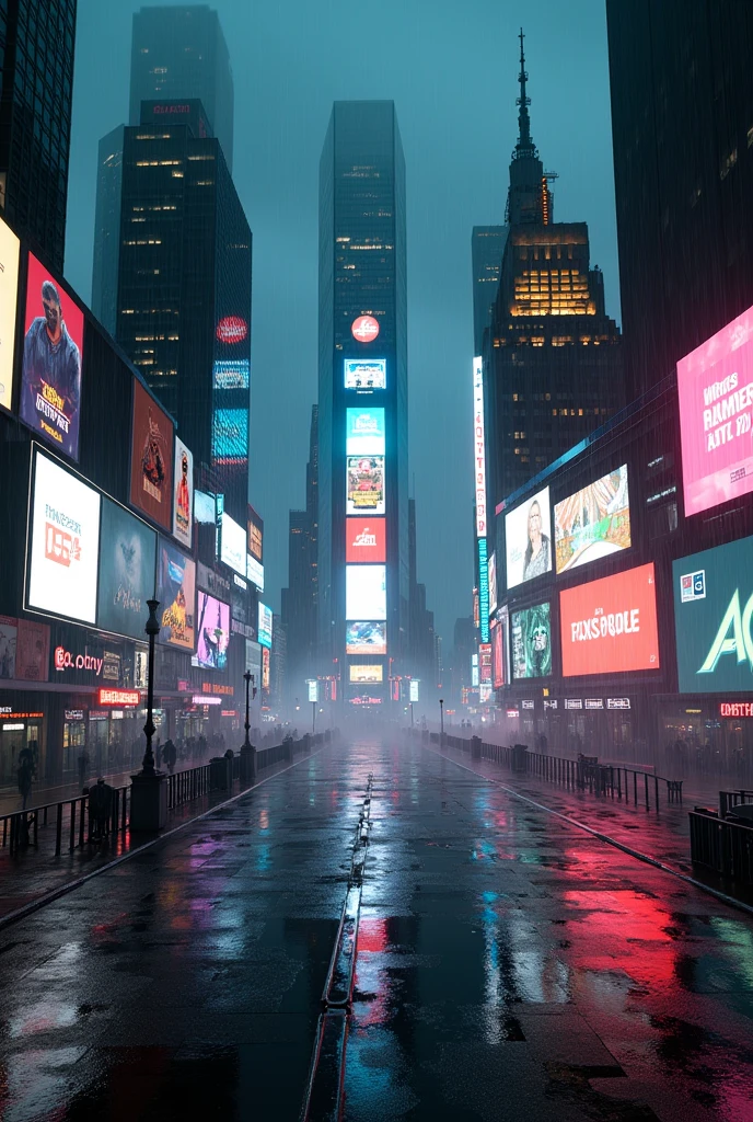 Photographic grade，Movie quality，Game CG wallpaper，Cyber Times Square in New York City in the rain，Deserted streets