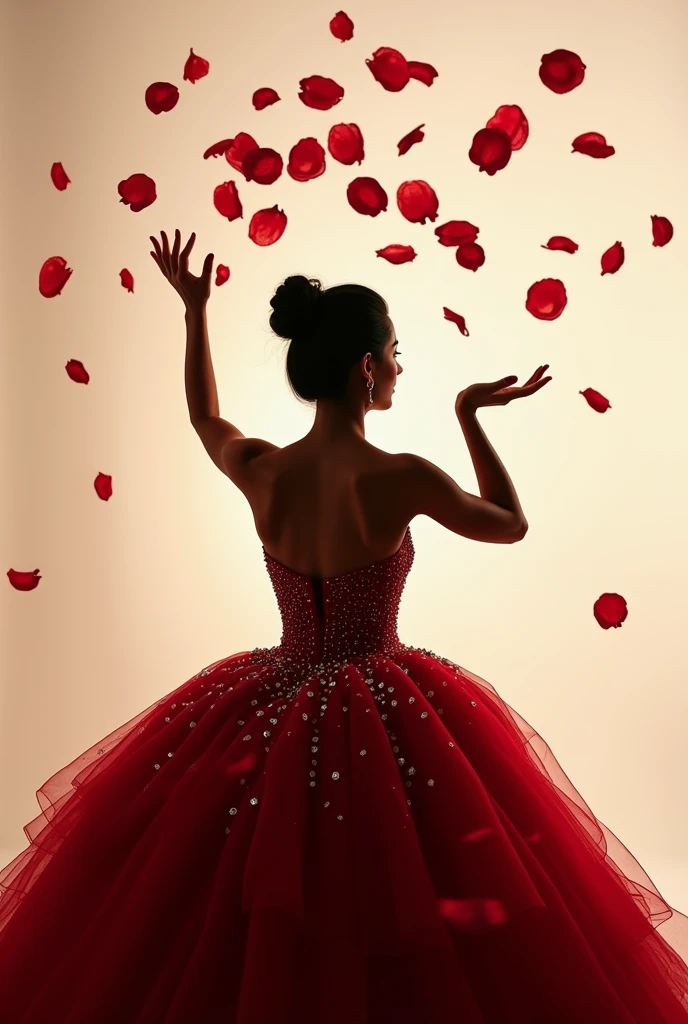 Silhouette of a quinceanera from behind , with a red pompon dress with silver sparkles, medium-short black hair styled with a red bun, dancer&#39;s hands throwing rose petals