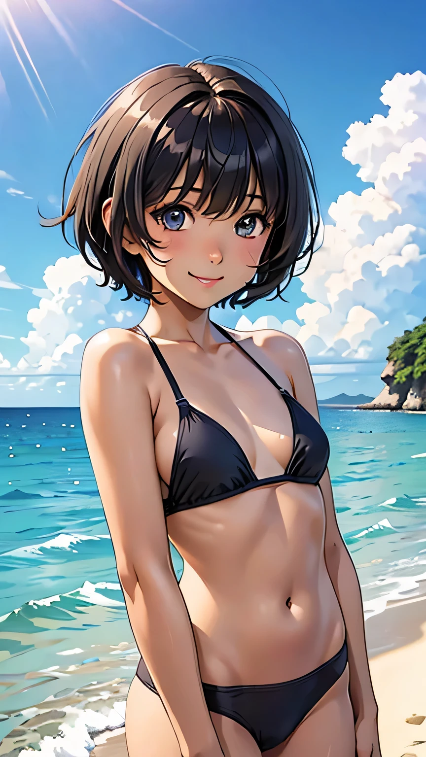 Highest quality、Realistic、、zoom、、Primary school students、man、low length、cute、Light grey eyes、Black Hair、short hair、Tanned brown skin、Dark Skin、Upper body naked、Light blue bikini pants、smile、Ocean