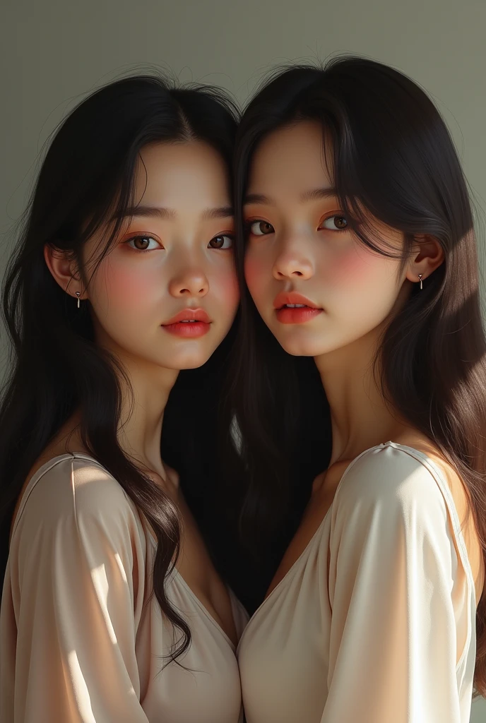 2 girl, long dark hair, with brown eyes. Brown skin, of average height and average figure.