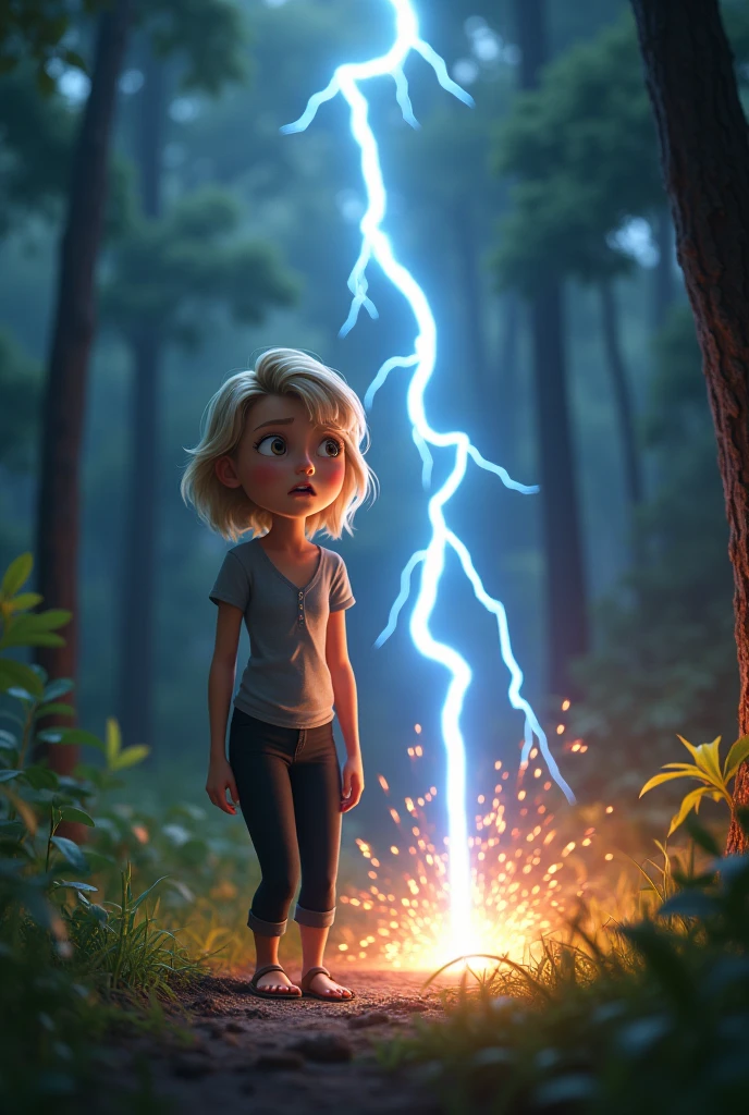 No meio da floresta, a bolt of lightning comes down from the sky and hits the ground a few meters away from a ager with blond hair and light brown eyes. The girl is wearing a gray blouse and black tight pants and is surprised and scared by what happened., his expression frozen in shock as the ground shakes and sparks fly around. The trees in the background are illuminated by the intense glow of the lightning. The scene is full of energy and suspense.. disney pixar style