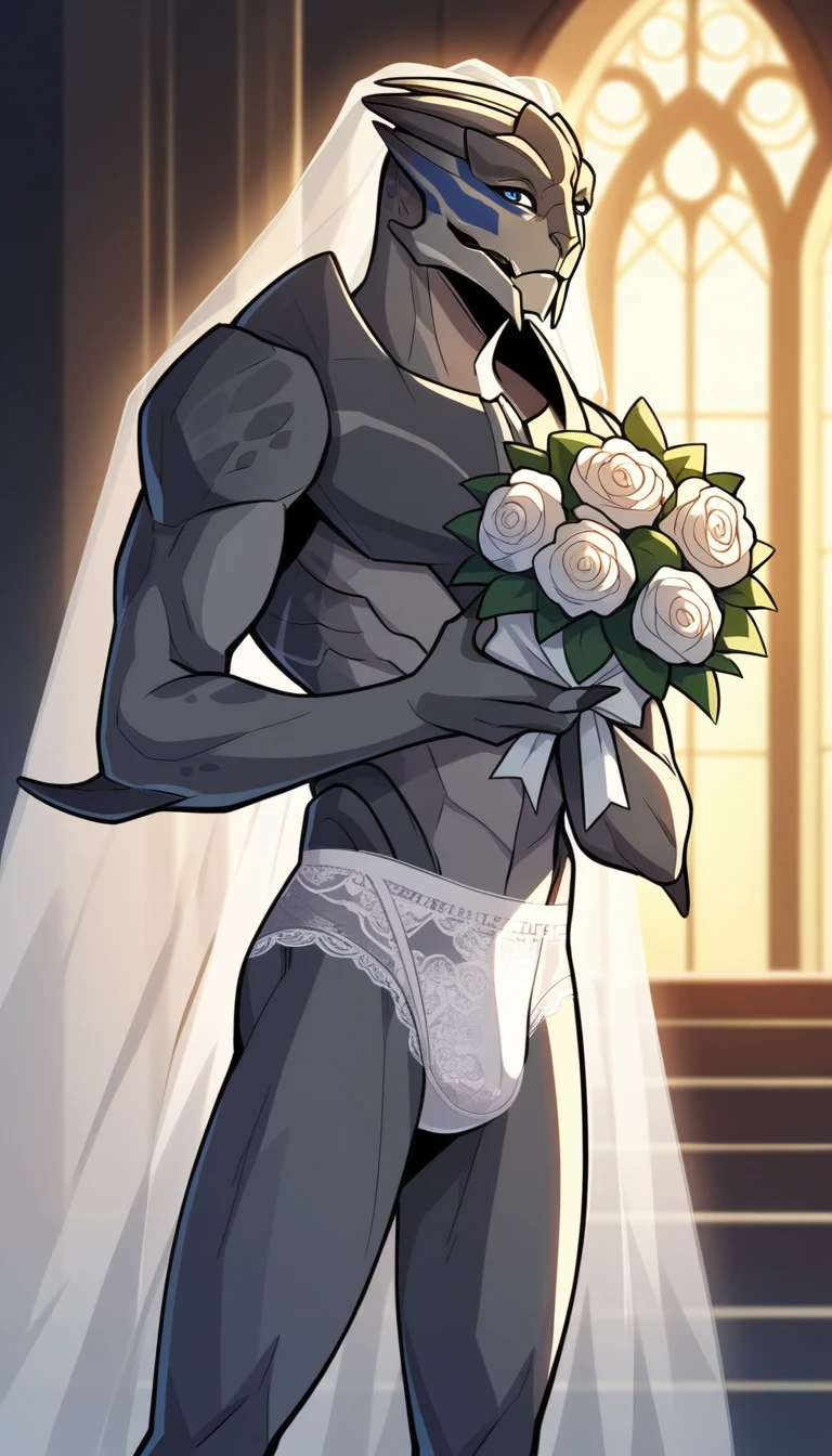 1 person、(((A male Turian wearing white lace underwear)))、garrus vakarian、mass effect、masterpiece、Highest quality、lace garter belt、Lace Knee High Socks、ribbon、Wedding Veil、church、Spotlight、Grey body、Sharp Eye、He is wearing a wedding ring on his left hand、Holding a bouquet、Wedding dress