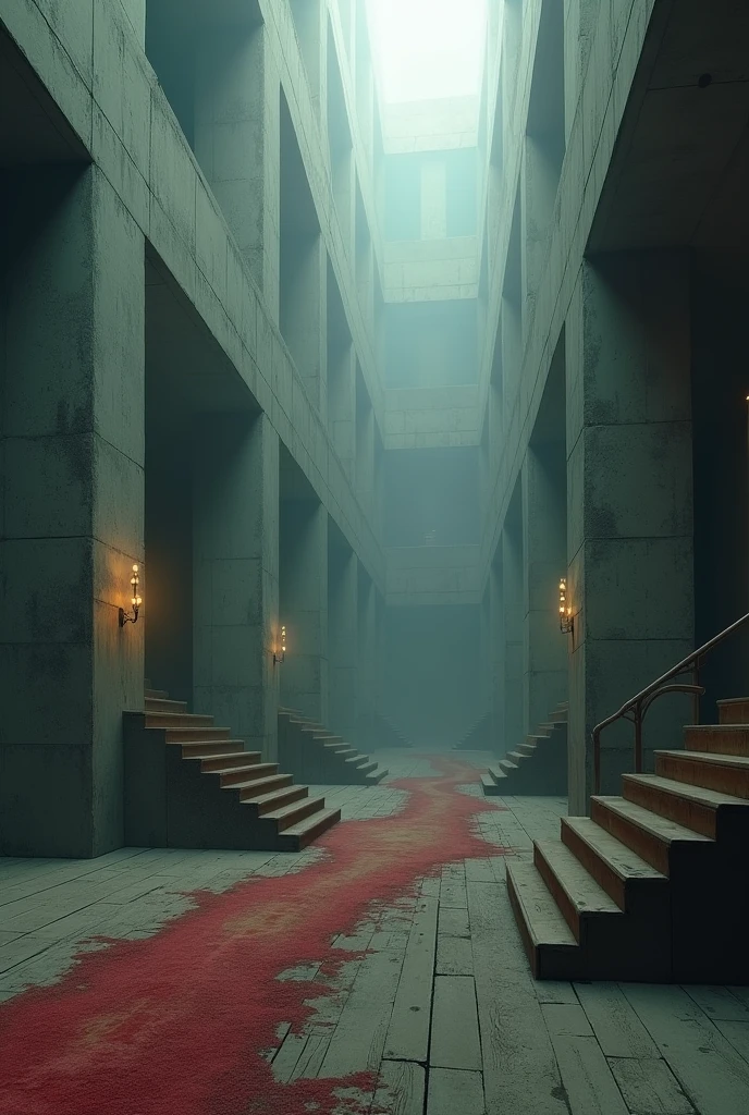 (photorealism:1.2), immense inside space, Escher, unreal, concrete, sharp edges, liminal, dark, haunted, artificial , wooden floors, old red carpet, staircases, darkness, no lighting, mist
