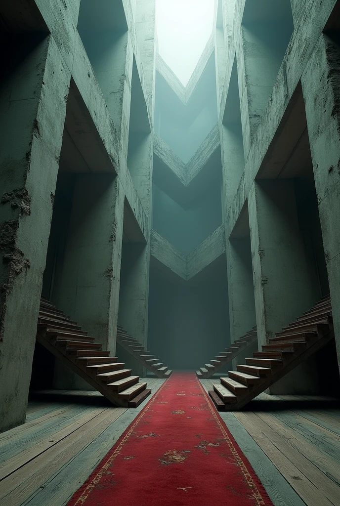(photorealism:1.2), immense inside space, Escher, unreal, concrete, sharp edges, liminal, dark, haunted, artificial , wooden floors, old red carpet, staircases, darkness, no lighting, mist