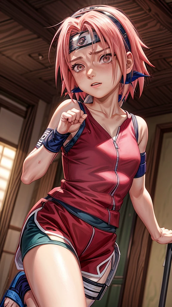 Sakura Haruno, sleeveless, Red jacket, forehead protector, symbol of konohagakure, arms behind head, armpits, showing armpits, posing, green eyes, perfect proportions, Sakura Shippuden, armpit sweat, armpit stubble, small hairy armpit, armpit stain on clothes, SMILE, beautiful
