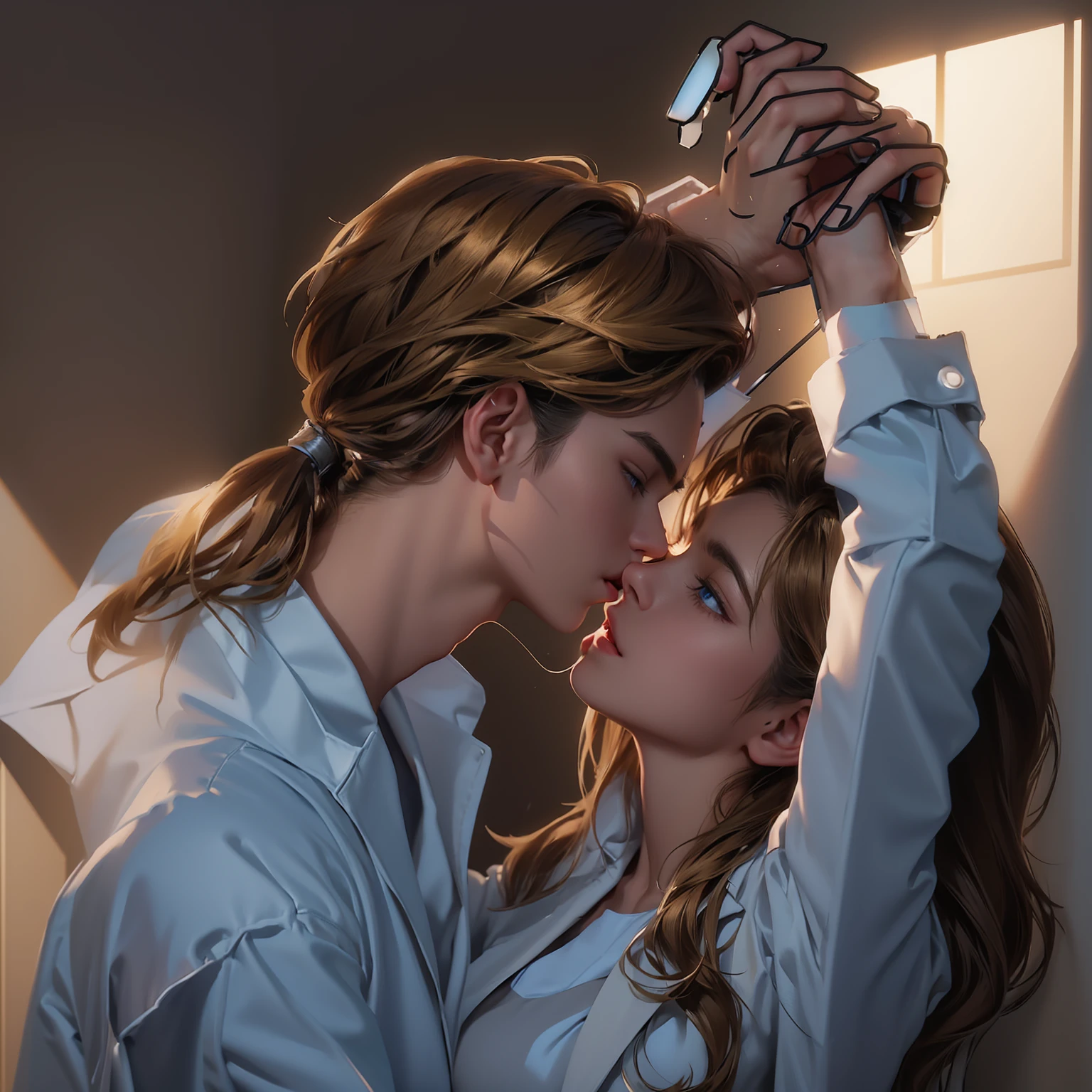 Upper Body,(laboratory:1.5),(一个帅气的金发欧美男子kiss一个20岁的欧美女模特)kiss,Hands propped up on the wall,Golden brown hair,Ponytail,A boy,A girl,Boys wearing white shirts,Black suit pants,Girl wearing white coat,Black dress,(Blue Eyes:1.2),muscular,Caucasian ethnicity,Atmosphere,High Detail,Standing,(背景是laboratory:1.5),Equipment,Wall,indoor,Glass,Experimental vessels