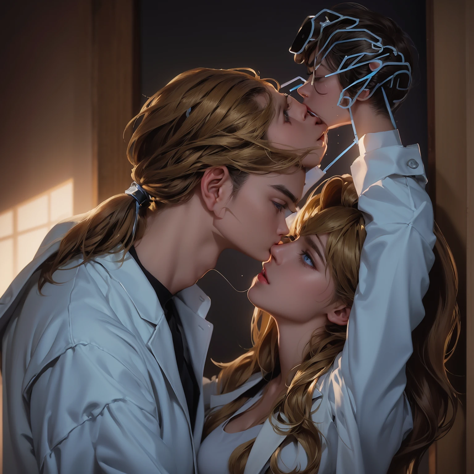 Upper Body,(laboratory:1.5),(一个帅气的金发欧美男子kiss一个20岁的欧美女模特)kiss,Hands propped up on the wall,Golden brown hair,Ponytail,A boy,A girl,Boys wearing white shirts,Black suit pants,Girl wearing white coat,Black dress,(Blue Eyes:1.2),muscular,Caucasian ethnicity,Atmosphere,High Detail,Standing,(背景是laboratory:1.5),Equipment,Wall,indoor,Glass,Experimental vessels