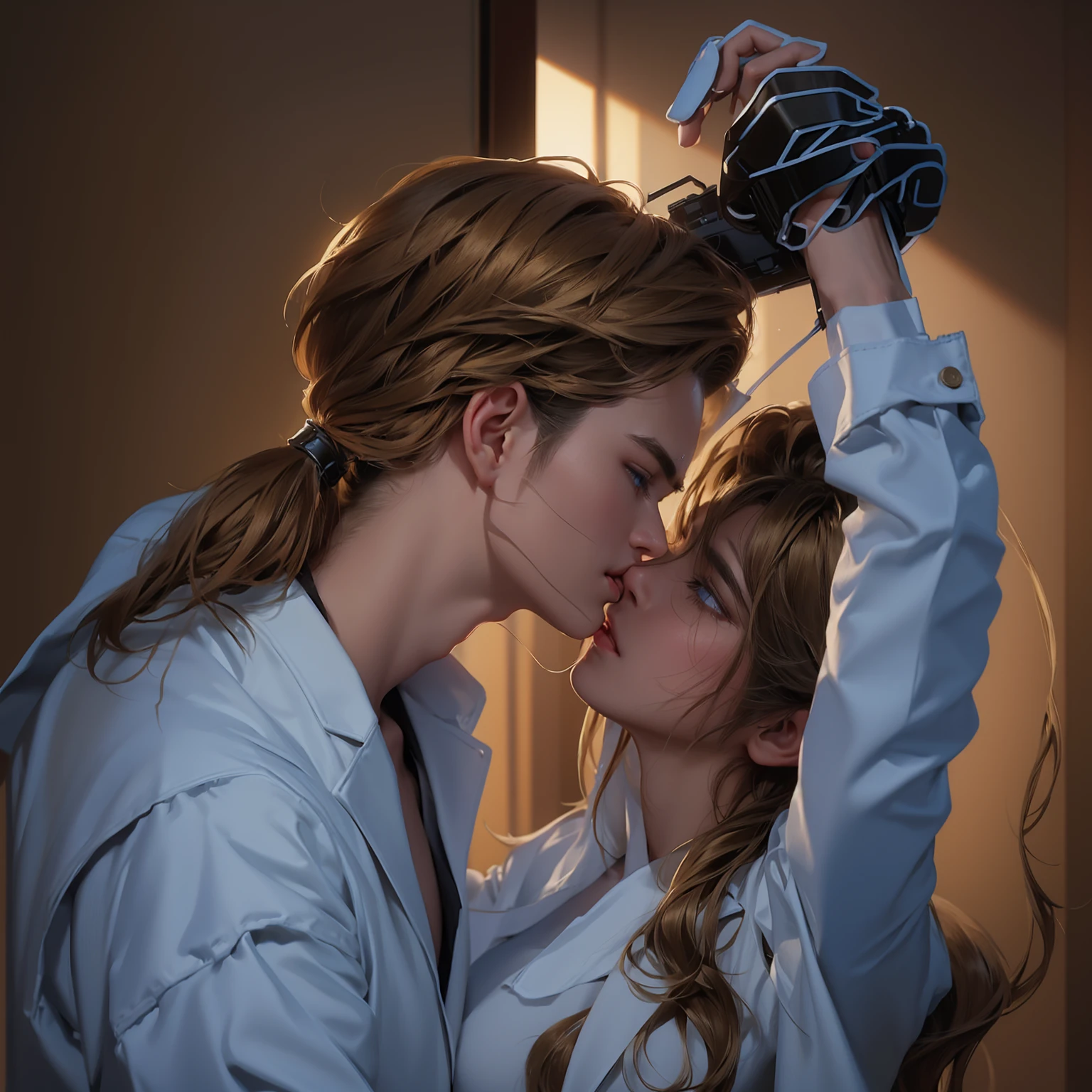 Upper Body，（laboratory：1.5），（一个帅气的金发欧美男子kiss一个20岁的欧美女模特）kiss，Hands propped up on the wall，Golden brown hair，Ponytail，A boy，A girl，Boys wearing white shirts，Black suit pants，Girl wearing white coat，Black dress，（Blue Eyes：1.2），muscular，Caucasian ethnicity，Atmosphere，High Detail，Standing，（背景是laboratory：1.5），Equipment，Wall，indoor，Glass，Experimental vessels