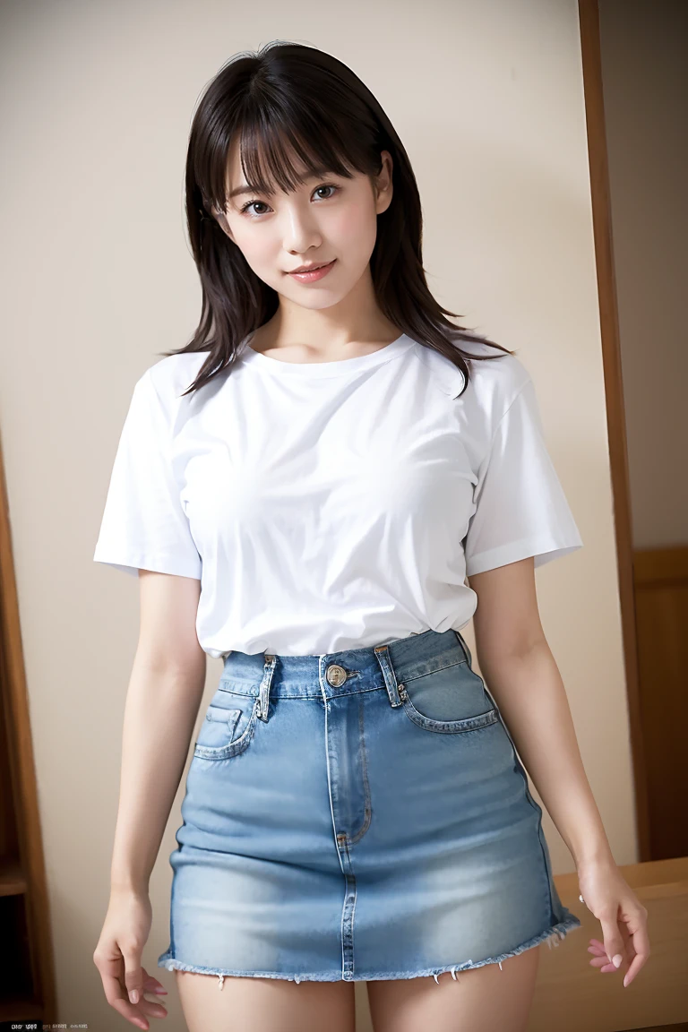 Medium Size Display, Medium Shot, Written boundary depth, Photograph the whole body, Movie angle,Action pose、masterpiece, Highest quality, Very detailed, CG, 8k wallpaper, Beautiful Face, Delicate eyes, Otome, alone, smile, cute、White T-shirt,Light Blue Denim Mini Skirt