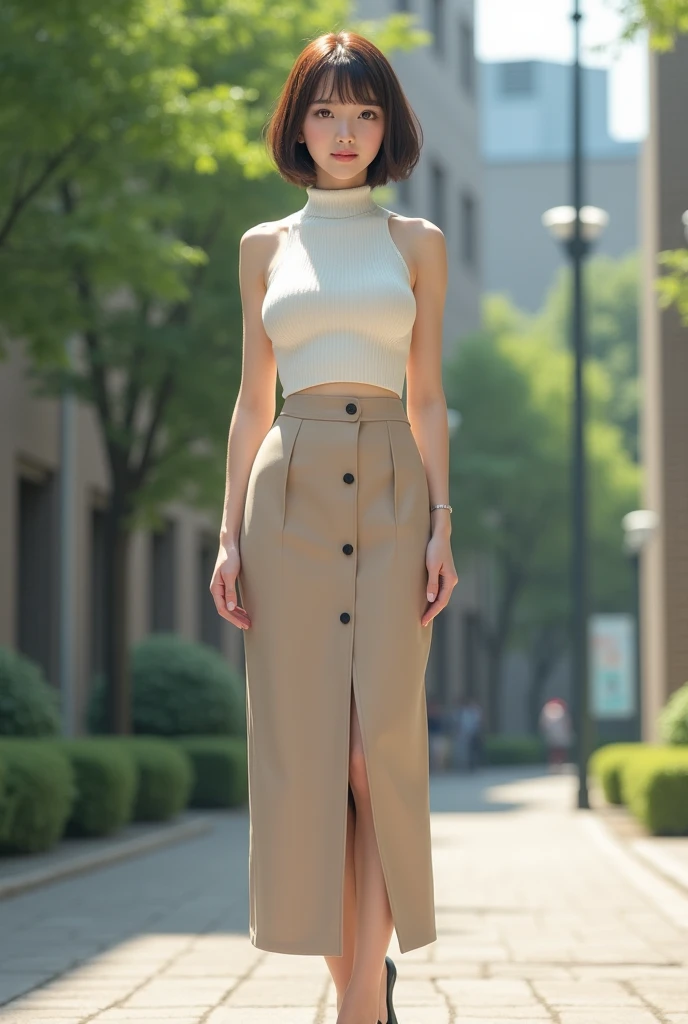 realistic, photorealistic, full body shot, 1girl, Japanese university student, University Campus, 20 years old, very short hair, brown hair, small face, round face, slender, tall, wearing a white sleeveless knit top, high neck, beige straight long skirt, heels, emphasizing her figure, pendulous breasts,
