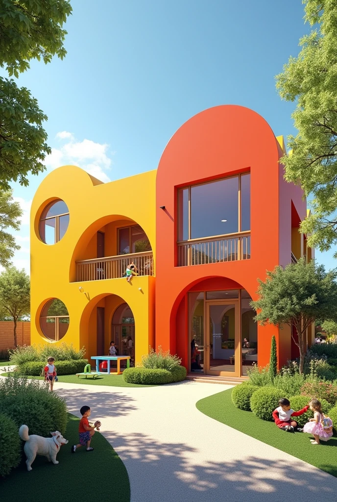 Hello, could you generate a rendering of a building that has the 4 guiding axes of early childhood integrated into the design?. Let the facades be colorful, have outdoor recreation spaces and green area design