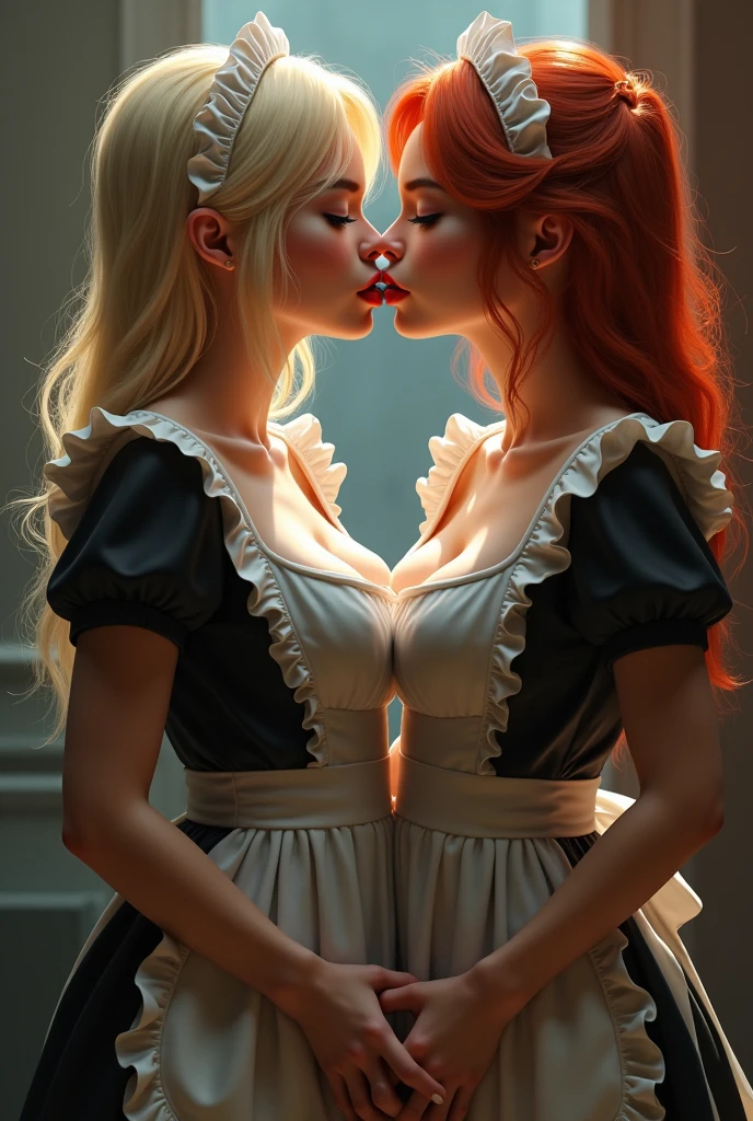 Sexy woman, ((((Two heads one body))), conjoined interracial fraternal twins, left half of body and head asian woman with blond hair, right half of body and head white woman with red hair, large breasts, sexy maid outfit, lactating nipples, tongue on tongue, conjoined tongues, tongues fused into one thick tongue, (((shared tongues merged into one thick tongue)), (((French kissing, tongues kissing)), (((two tongues merging into one shared tongue))), fondling their own breasts, fingering vagina