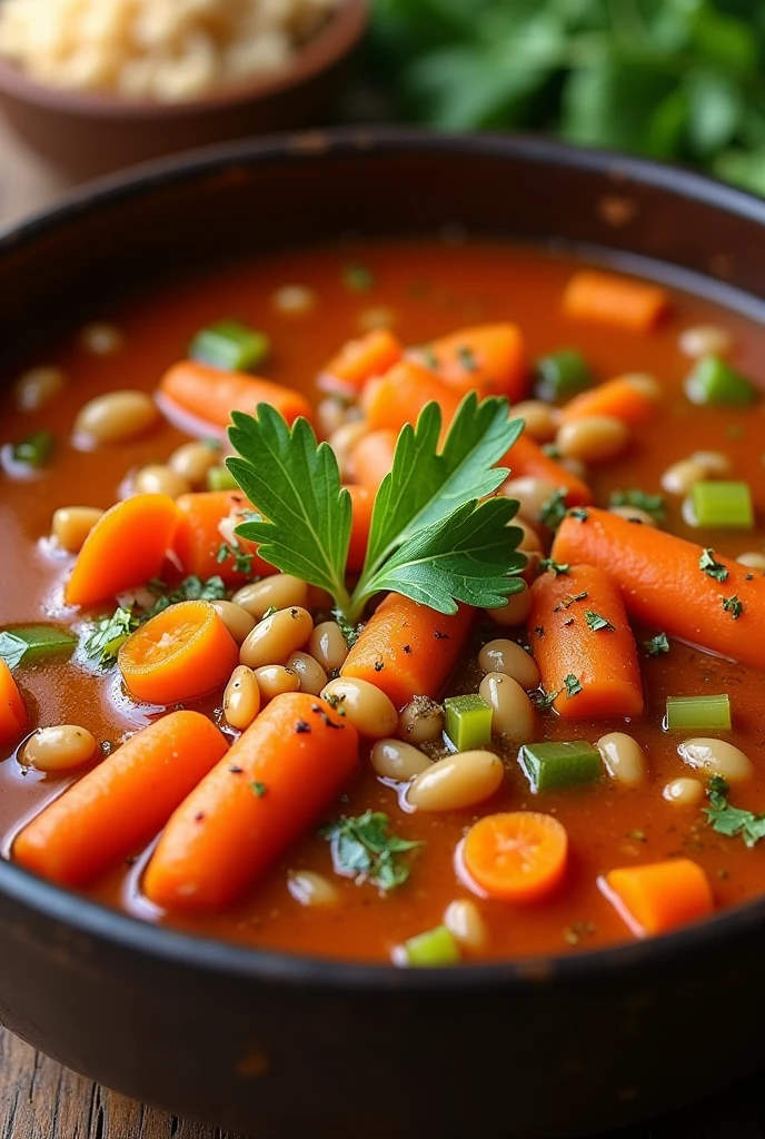 Create an image of this recipe: Lentil and Carrot Soup Ingredients:

- Lentils: 150 g - Carrot: 100 g - Celery: 50 g - Vegetable broth: 500 ml - Crushed tomato: 200 g - Garlic: 10 g - Olive oil: 15 ml
- Sal: 5 g - Pepper: 2 g Preparation:

1. Rinse the lentils and set them aside..

2. Peel and cut the carrot and celery into small cubes.. Finely chop the garlic.

3. In a large pot, Heat the olive oil and fry the garlic until golden..

4. Add the carrots and celery, and cook for 5 minutes.

5. Add the crushed tomato, lentils and vegetable broth. Bring to a boil.

6. Reduce heat and simmer for 30 minutes., until the lentils are tender.

7. Season with salt and pepper, and serve hot.
