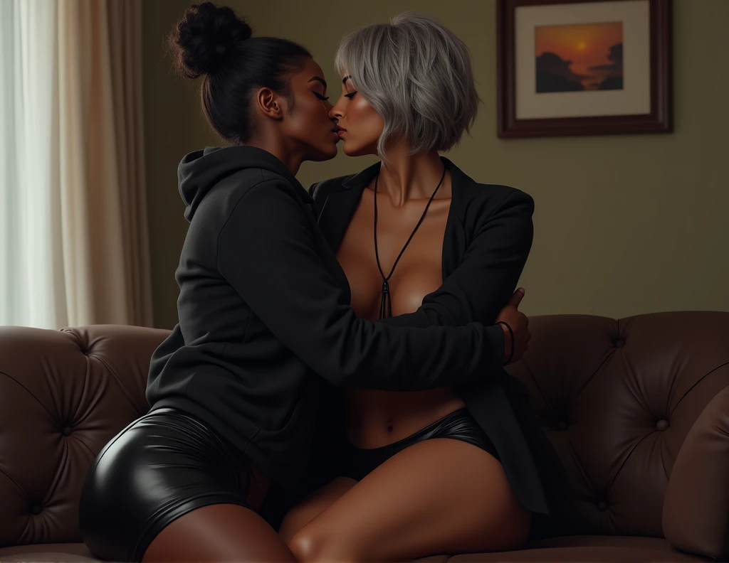 rating_explicit, 2 woman, 1 short white hair woman, white skin, slim body, slender body, black lipstick, doggysyle sex, 1 black strong tall woman futanari, african skin, robotic red arms futanari, black bun samurai hair, bed, purple lights, night, dark, moan