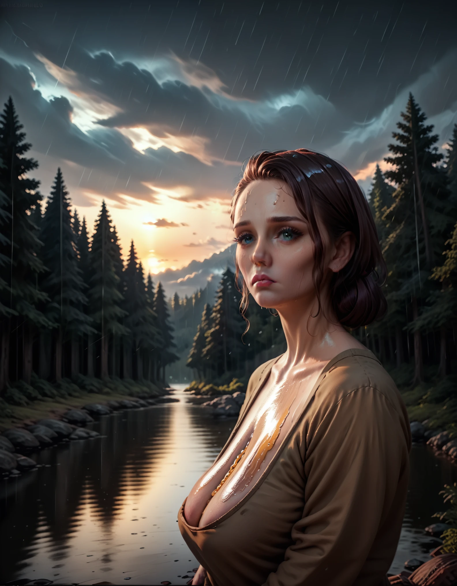 (1 girl) (masterpiece, best quality) ((the cutest camp councilor is sad she wont see you until next year)) , ,  , (stormy dark sky, sunset, raining) (beautiful forest background)
((Melancholy emotions:1.4)), ((realistic oil painting)) art by norman Rockwell, ((normalized sagging huge chest))