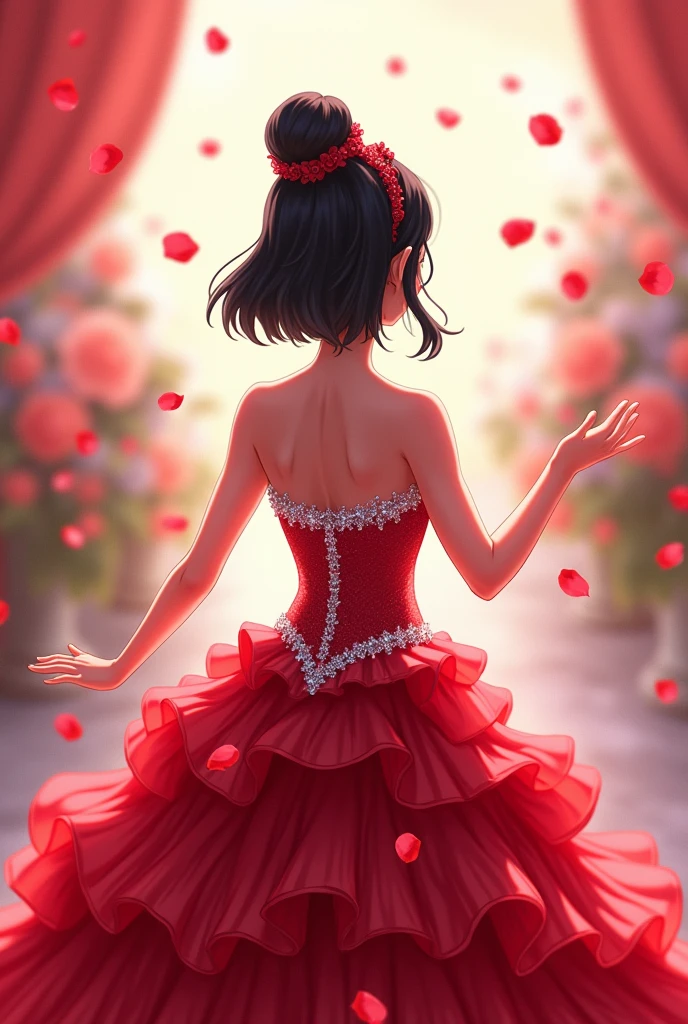 Anime-style quinceanera silhouette from behind, with a red pompon dress with silver sparkles, medium-short black hair styled with a red bun, dancer's hands throwing rose petals
