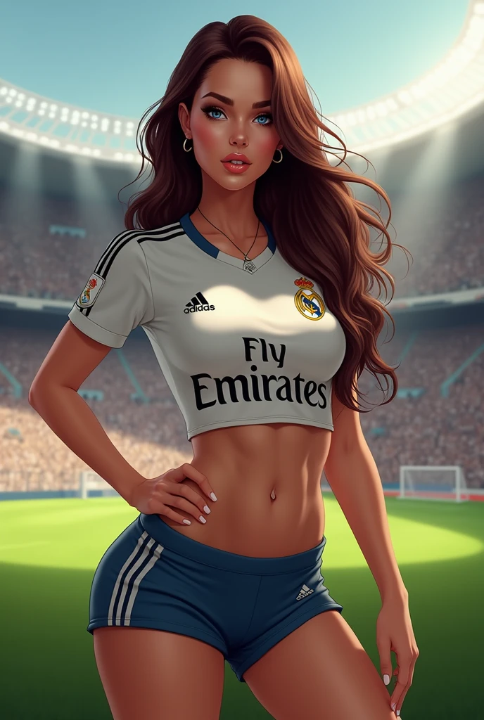 Cowboy shot(best quality)), (white skin),((masterpiece)), (detailed), 30 years old woman, MILF, perfect face, beautiful, perfect body, huge breasts, busty, perky tits, turgid boobs, fake tits, she has got a 120G cup boobs, large bust, light blue eyes, full lips, smile, long hair, brunette, tight Real Madrid jersey, crop top, cleavage, very short tight shorts, cheeky shorts. She likes to show her generous chest to boys, She has a big butt, bubble booty. In a soccer stadium.