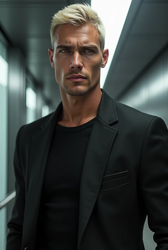 fot, masculine perfection, strong chin, fleshy lips, roman nose, short blonde hair, hazel eyes, hyperrealisti, 8k-v4 . Modern fashion haute couture futuristic fashion. Modern black clothing