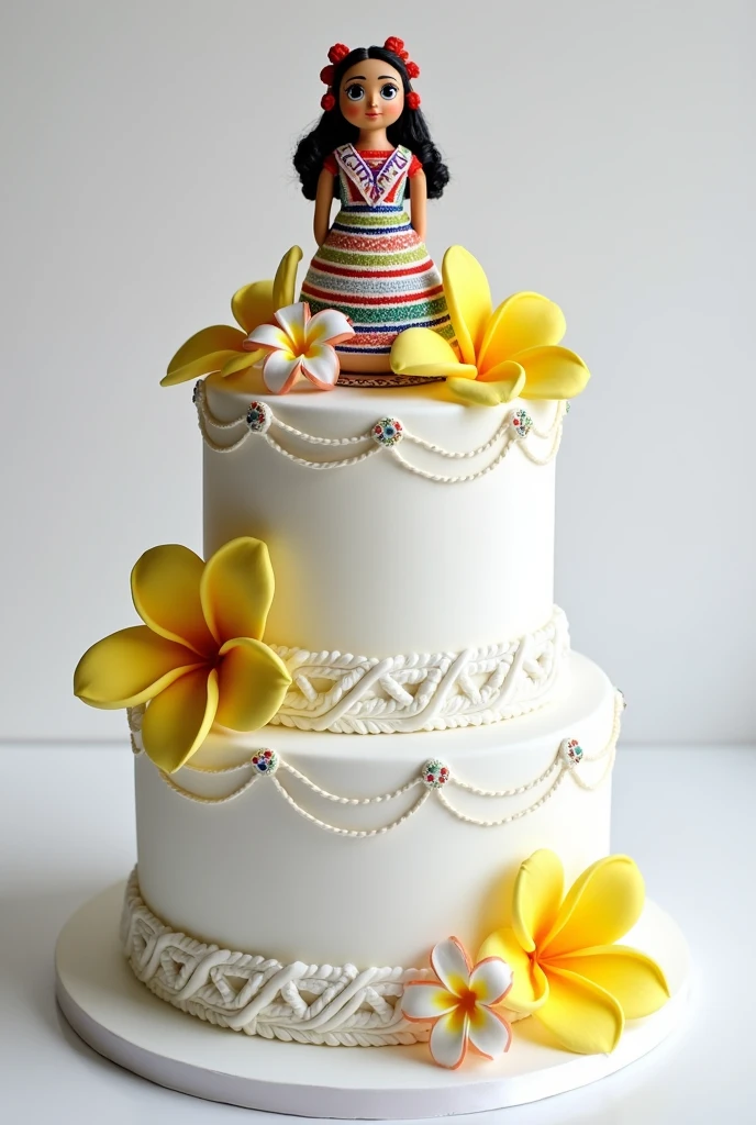 Imagine a two-tier cake, completely white, with a smooth and elegant finish. At the top a typical doll and at the base of each floor sacuanjoche flowers, There are braids that imitate the typical ornaments of Nicaraguan folklore dresses., with bright colors like red, blue, green and yellow. These braids are delicate and finely detailed., adding a cultural and festive touch.

On top of the first tier of the cake and maybe at some strategic points on the sides, sacuanjoche flowers are placed (the national flower of Nicaragua), with its soft yellow petals, which contrasts beautifully with the white background of the cake. The flowers could be fresh or made from fondant., but they are placed in a way that they look natural and elegant.
