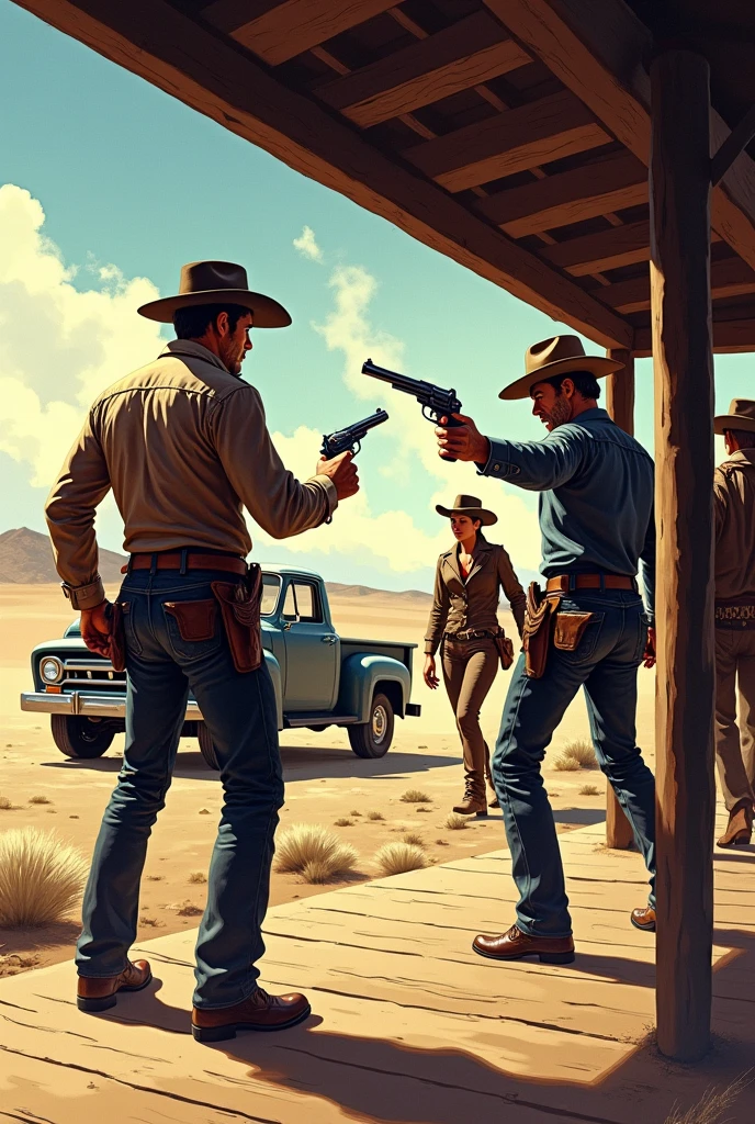 Hyperrealistic color comic 1950s three outlaw cowboys on the porch of a saloon shooting with pistols at the sheriff in the desert in the background a parked Ford truck the sheriff shoots the three cowboys in the back of the saloon a cowgirl woman in a long skirt with two pistols in her hands shoots the three cowboys from the door of the saloon the three cowboys fall to the ground