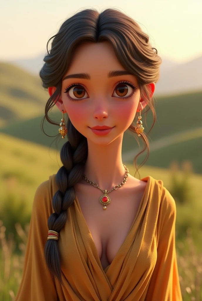 (photorealism:1.2), 3d Pixar style image of a beautiful Samaritan woman facing main camera
