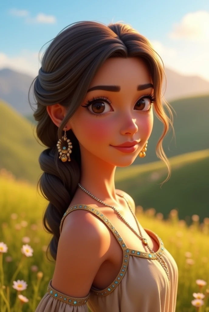 (photorealism:1.2), 3d Pixar style image of a beautiful Samaritan woman facing main camera