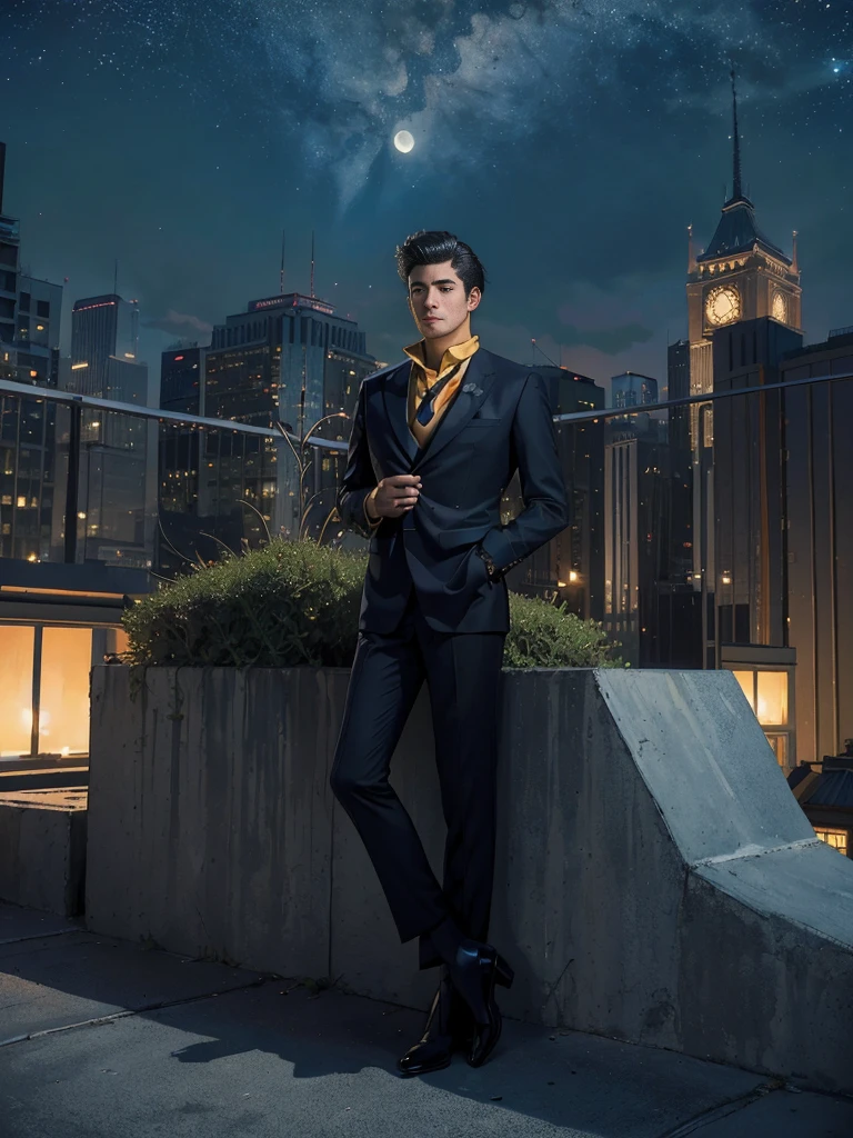 (masterpiece、top-quality、top-quality、Detailed and complex、official art、aesthetically pleasing:1.3)、(Spike spiegel)(Standing on a rooftop) (realistic art:1.3) Black hair、blue suit, yellow shirt with tie. Moon and stars background. 