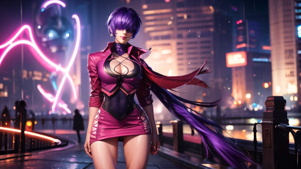 (at night), alone, in a video game scene, a background of a beautiful city during the day raining, standing at attention, purple hair, pink clothes ((purple hair)), 1 girl, alone, 20 years old, woman young, perfect and beautiful hands with perfect fingers, beautiful long legs, perfect legs, beautiful body, beautiful nose, beautiful character design, perfect face, looks at the viewer (focusing on the entire character), closed mouth, Light_Smile, official art, extremely detailed 8k CG wallpaper unit, perfect lighting, bright and colorful front lighting, glowing skin (masterpiece: 1.0), (best quality: 1.0), ultra high resolution, 4K, ultra detailed photography, 8K, HDR, high resolution, nonsense: 1.2, Kodak portra 400, film grain, blurred background, bokeh: 1.2, lens flare, (vibrant_color: 1.2), professional photography, (beautiful_face: 1.5), (narrow waist), {