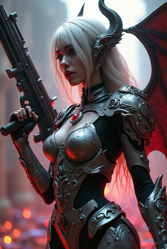 Surreal Very detailed Ultra Fantasy Ultimate Details Ultra-high resolution 8K 32k 3D Clear Eyes Silver Hair Assassin Gorgeous, textured and intricately designed armor Dragon head on right shoulder mechanical engineering Mechanic Art . intricate and elaborate design, money, gold Silver Silver Red Black-purple Dynamic pose Robotics Cinema Lighting Demonic Spell Aura Holding a big bowgun with a unique design in his right hand Magic circle design A large, luxurious amulet made of gold Vivid Color Girl Gorgeous and cool jeweled gauntlets Satanism Devilish shoulder pads