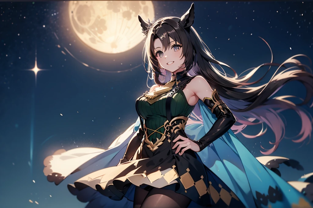 masterpiece、Highest Resolution、Highest quality、Highest quality、high quality anime、sharp、sharp効果、sharp塗り、sharp化、solo。Adult woman with horse ears。Blue Dress、Blue shoulderless dress。brown shorts、Brown pantyhose。Large light blue cloak。Moonlit night starry sky background、breeze、Chest is center right。Dark lipstick、Grin、Beautiful breasts。Brush your hair up with your hands、Touch your head with your hand、Hands on hips。Brown Eyes。Brown Hair、Long Hair、Half Twin、Half Up。hair ornaments。